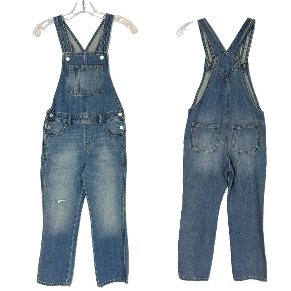 Old Navy Denim Bib Overalls Girls M 8 Distressed Straight Leg Casual